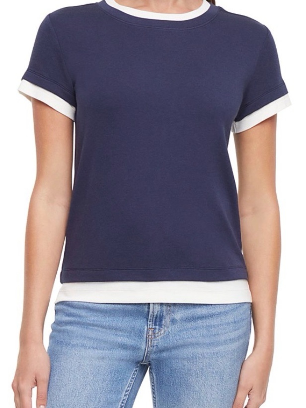 Three Dots Navy Tee with White Contrast Trim